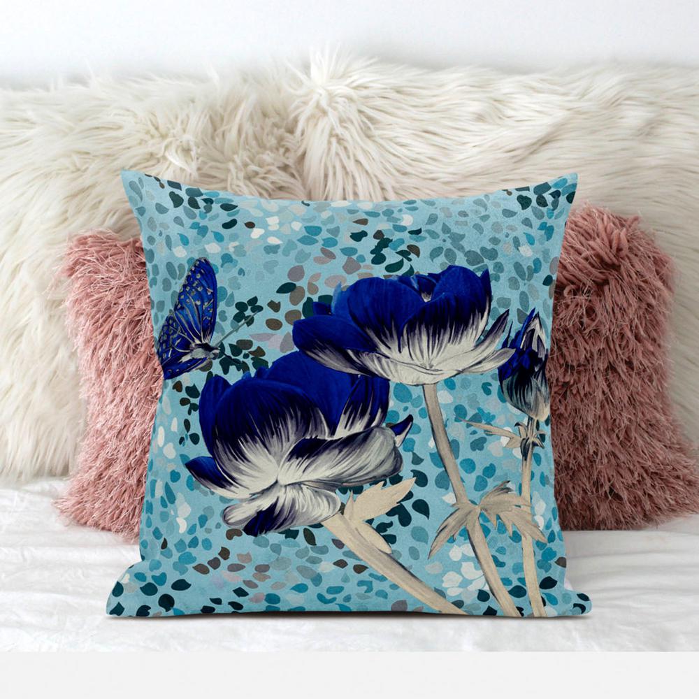 16" x 16" Blue Butterfly Blown Seam Floral Indoor Outdoor Throw Pillow. Picture 3