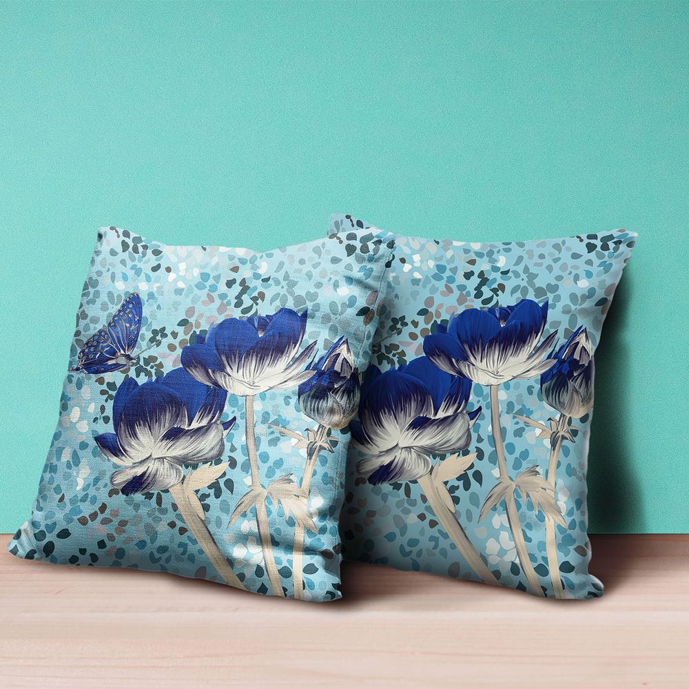 16" x 16" Blue Butterfly Blown Seam Floral Indoor Outdoor Throw Pillow. Picture 4