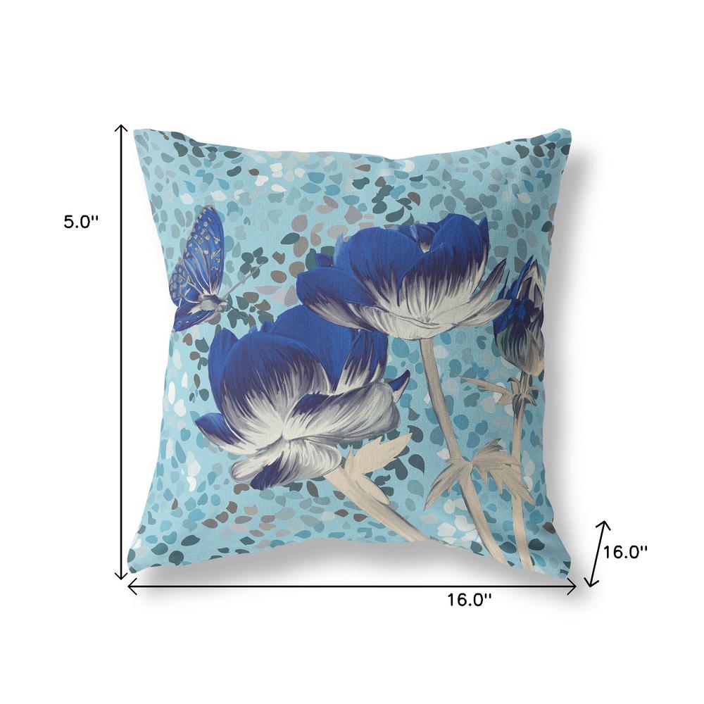 16" x 16" Blue Butterfly Blown Seam Floral Indoor Outdoor Throw Pillow. Picture 7