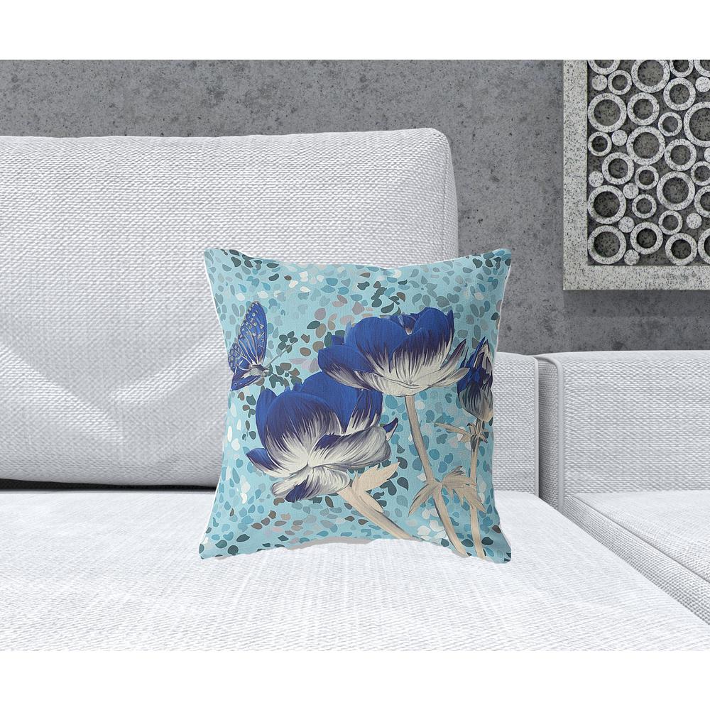 16" x 16" Blue Butterfly Blown Seam Floral Indoor Outdoor Throw Pillow. Picture 2
