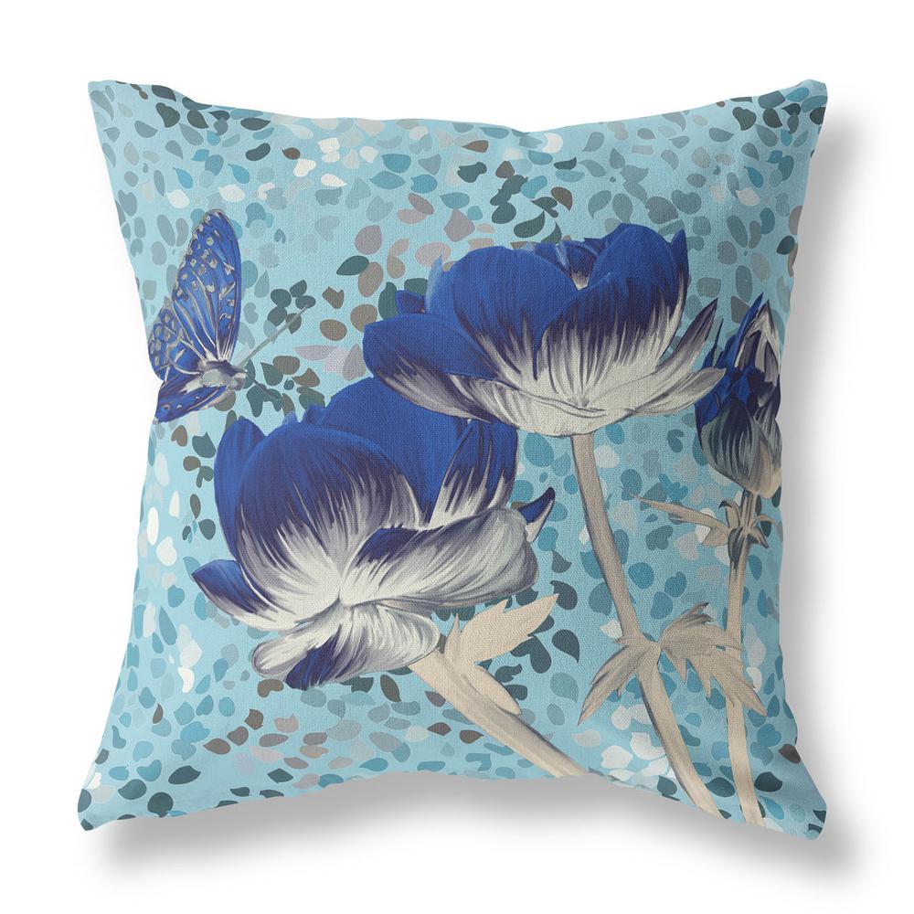 18" x 18" Blue Butterfly Blown Seam Floral Indoor Outdoor Throw Pillow. Picture 1