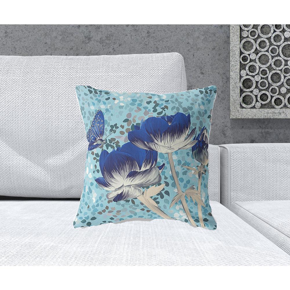 18" x 18" Blue Butterfly Blown Seam Floral Indoor Outdoor Throw Pillow. Picture 2