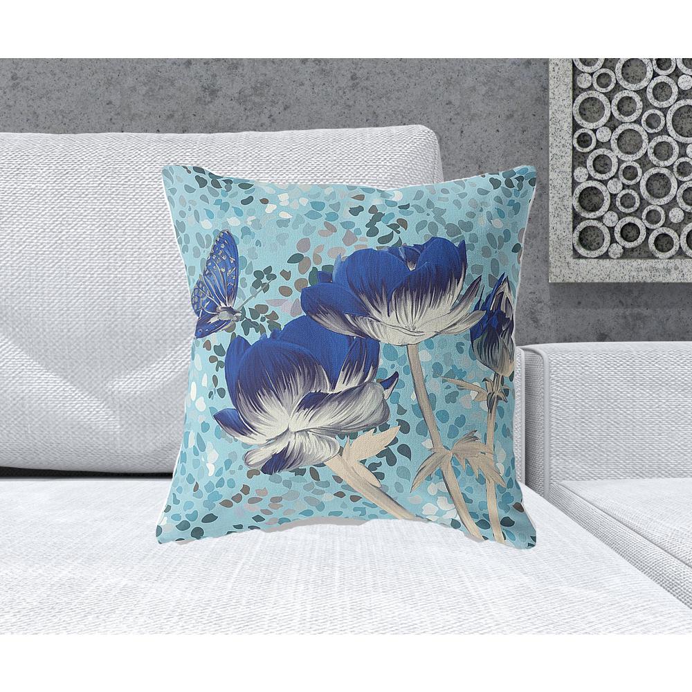 20" x 20" Blue Butterfly Blown Seam Floral Indoor Outdoor Throw Pillow. Picture 2