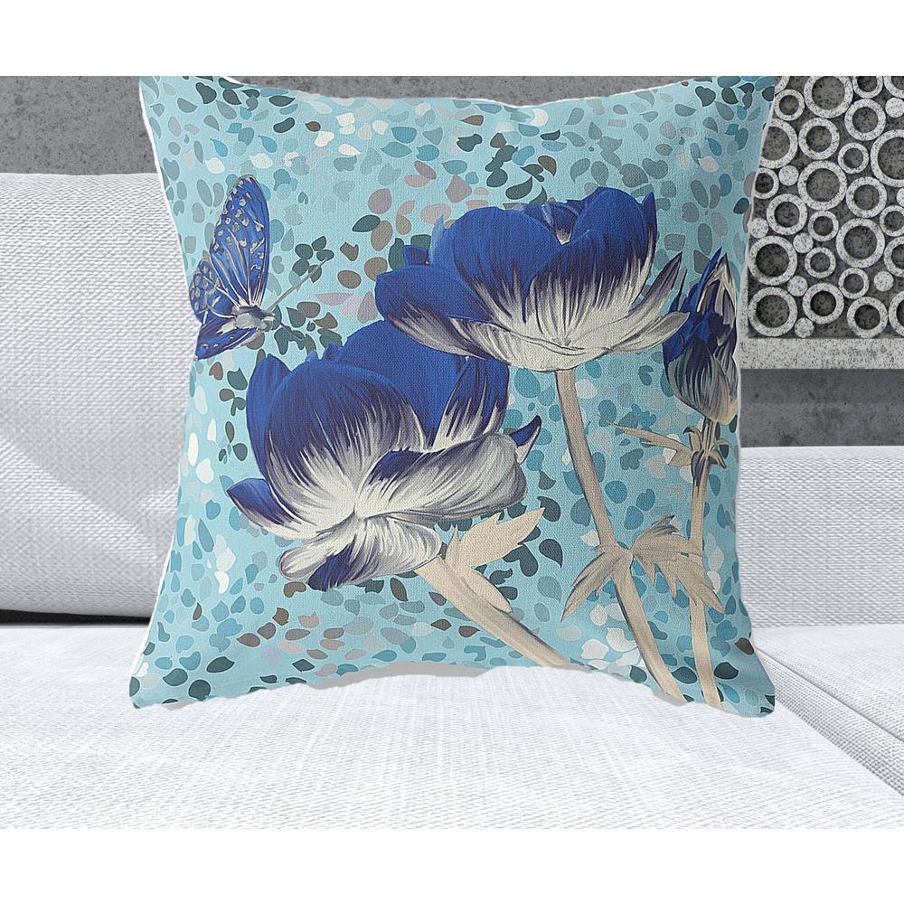 26" x 26" Blue Butterfly Blown Seam Floral Indoor Outdoor Throw Pillow. Picture 2