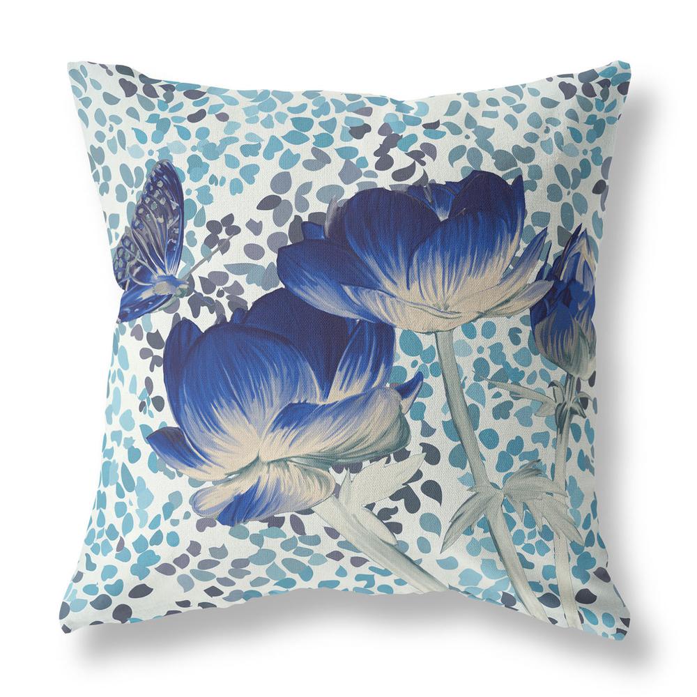 16" x 16" Blue, White Butterfly Blown Seam Floral Indoor Outdoor Throw Pillow. Picture 1