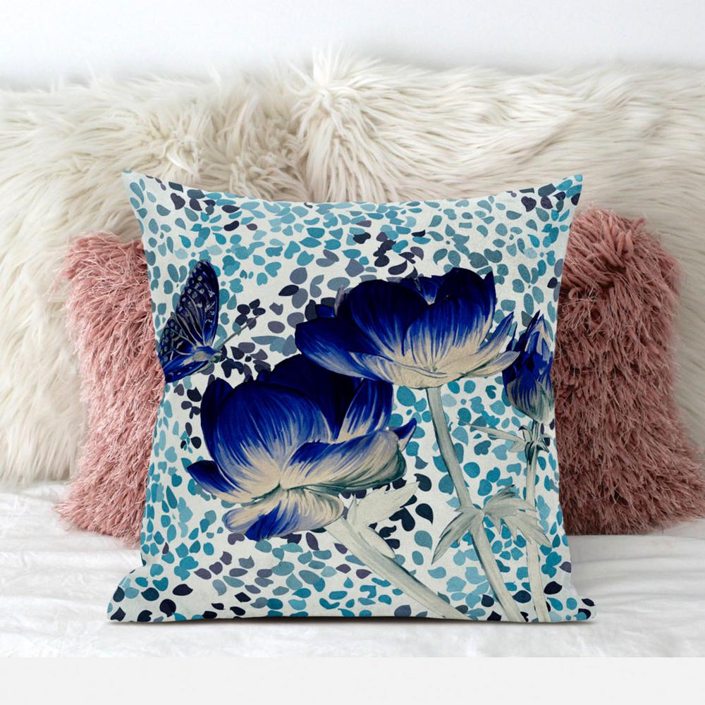 16" x 16" Blue, White Butterfly Blown Seam Floral Indoor Outdoor Throw Pillow. Picture 3