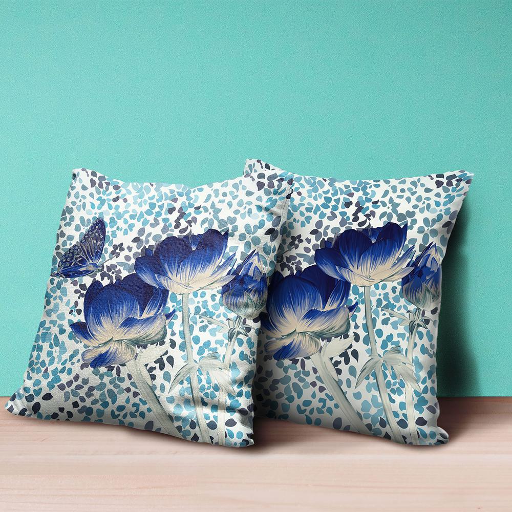 16" x 16" Blue, White Butterfly Blown Seam Floral Indoor Outdoor Throw Pillow. Picture 4