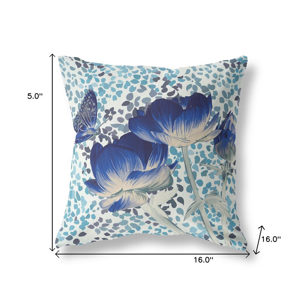 16" x 16" Blue, White Butterfly Blown Seam Floral Indoor Outdoor Throw Pillow. Picture 7