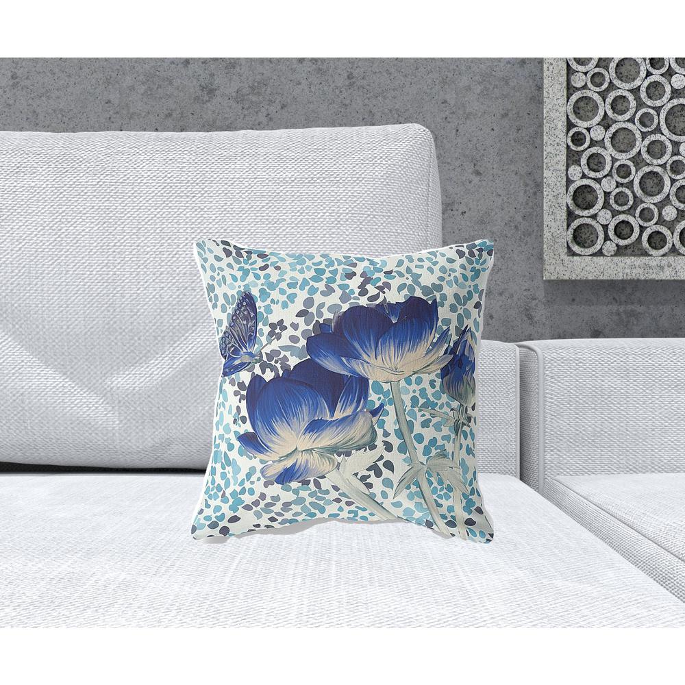 16" x 16" Blue, White Butterfly Blown Seam Floral Indoor Outdoor Throw Pillow. Picture 2