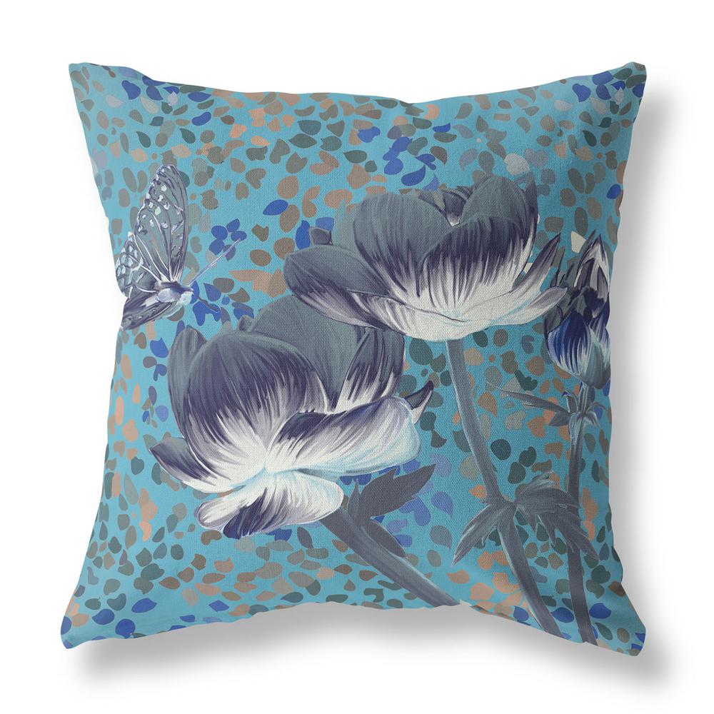 16" x 16" Blue, Green Butterfly Blown Seam Floral Indoor Outdoor Throw Pillow. Picture 1