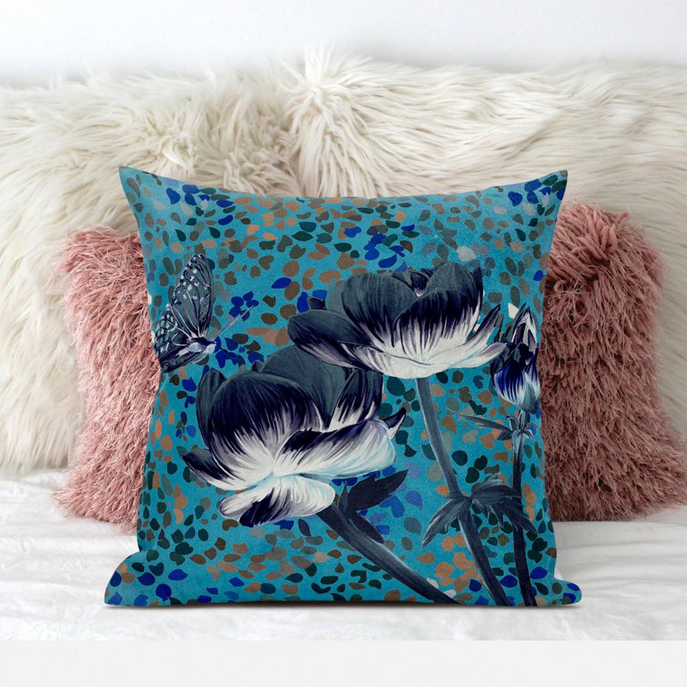 16" x 16" Blue, Green Butterfly Blown Seam Floral Indoor Outdoor Throw Pillow. Picture 3