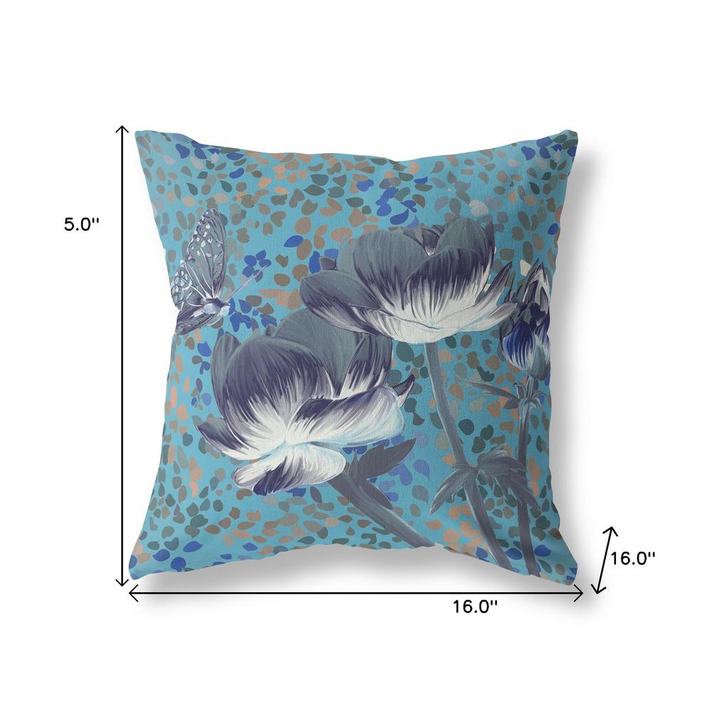 16" x 16" Blue, Green Butterfly Blown Seam Floral Indoor Outdoor Throw Pillow. Picture 7