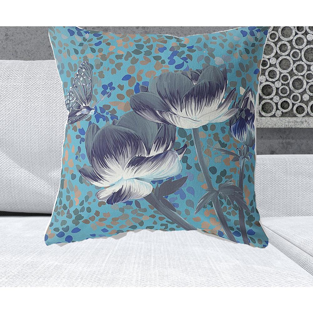26" x 26" Blue, Green Butterfly Blown Seam Floral Indoor Outdoor Throw Pillow. Picture 2