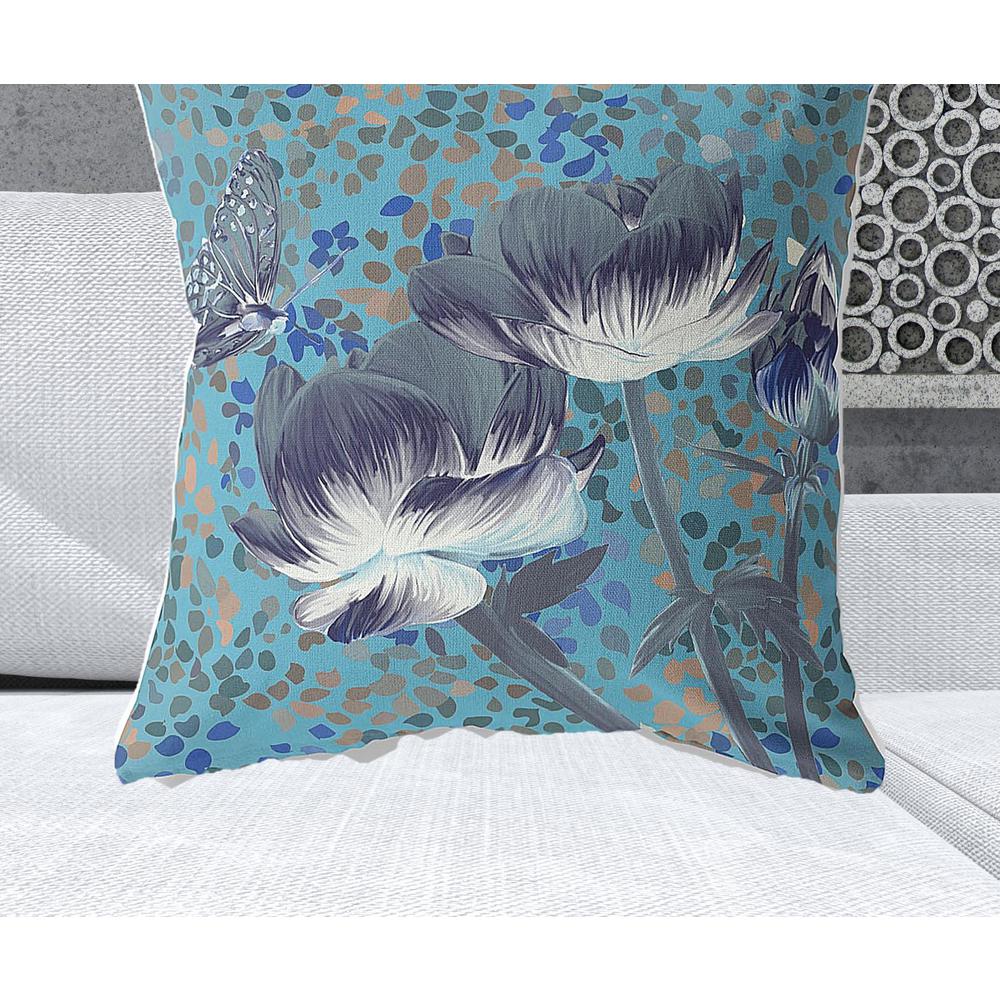28" x 28" Blue and Green Blown Seam Floral Indoor Outdoor Throw Pillow. Picture 2