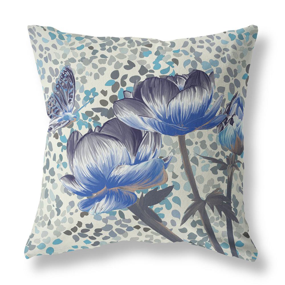 16" x 16" Indigo Butterfly Blown Seam Floral Indoor Outdoor Throw Pillow. Picture 1