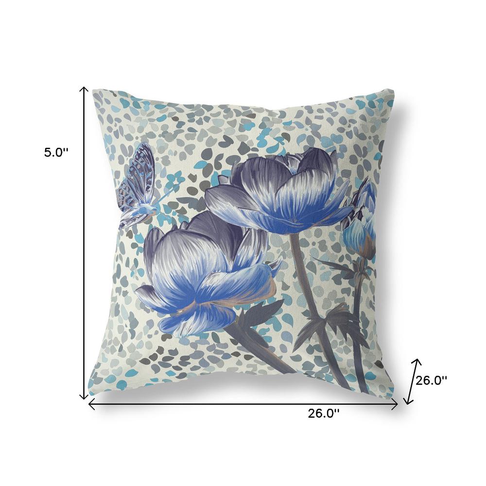 26" x 26" Indigo Butterfly Blown Seam Floral Indoor Outdoor Throw Pillow. Picture 7