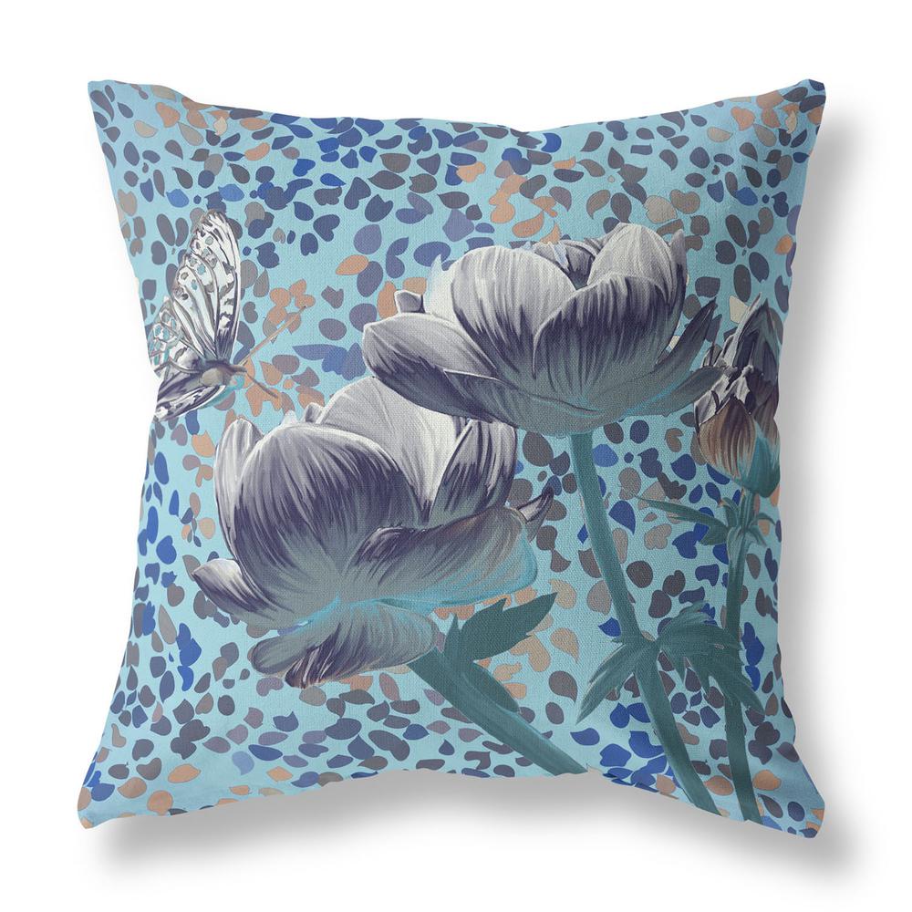 16" x 16" Indigo Butterfly Blown Seam Floral Indoor Outdoor Throw Pillow. Picture 1