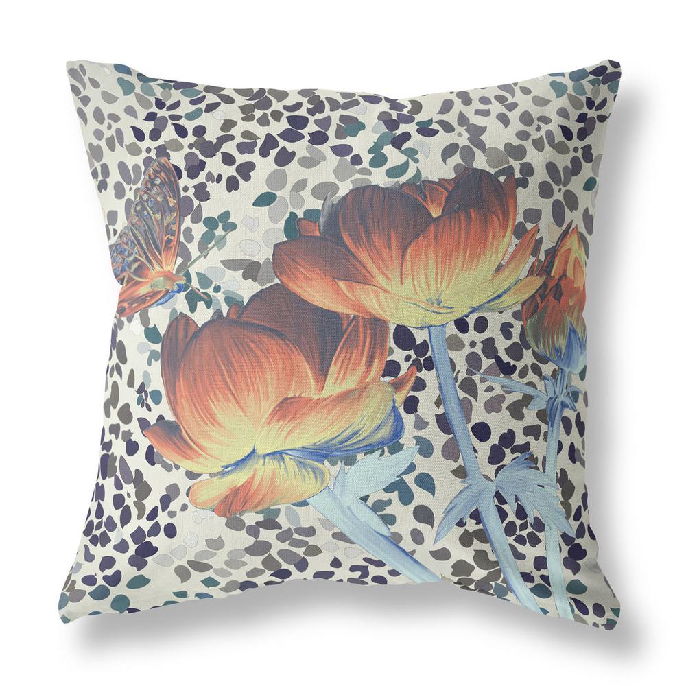 18" x 18" Orange Butterfly Blown Seam Floral Indoor Outdoor Throw Pillow. Picture 1