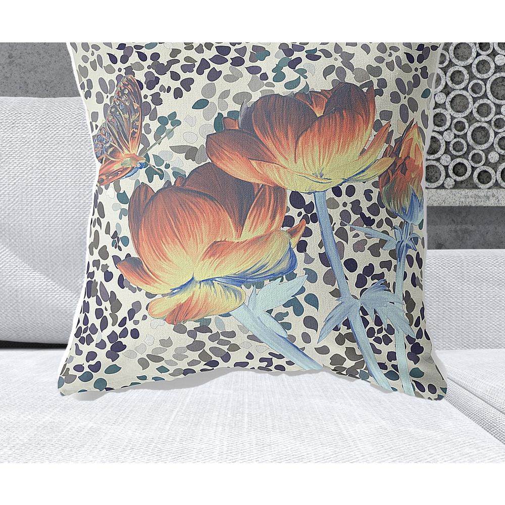 28" x 28" Orange Butterfly Blown Seam Floral Indoor Outdoor Throw Pillow. Picture 2