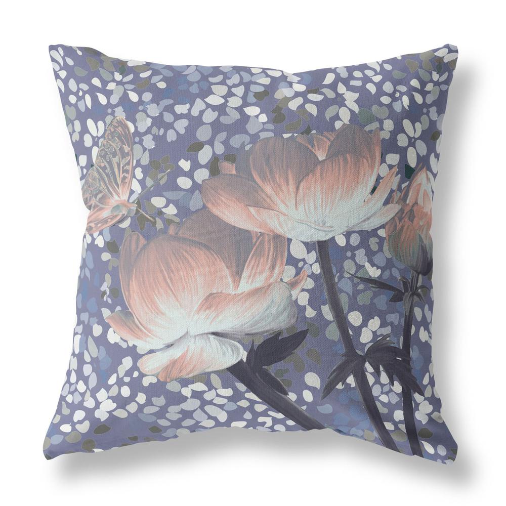 18" X 18" Blue and Gray Butterfly Blown Seam Floral Indoor Outdoor Throw Pillow. Picture 1