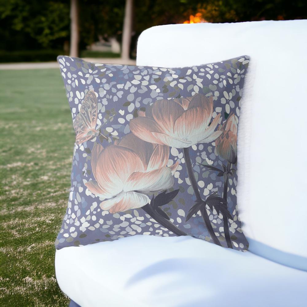 18" X 18" Blue and Gray Butterfly Blown Seam Floral Indoor Outdoor Throw Pillow. Picture 2