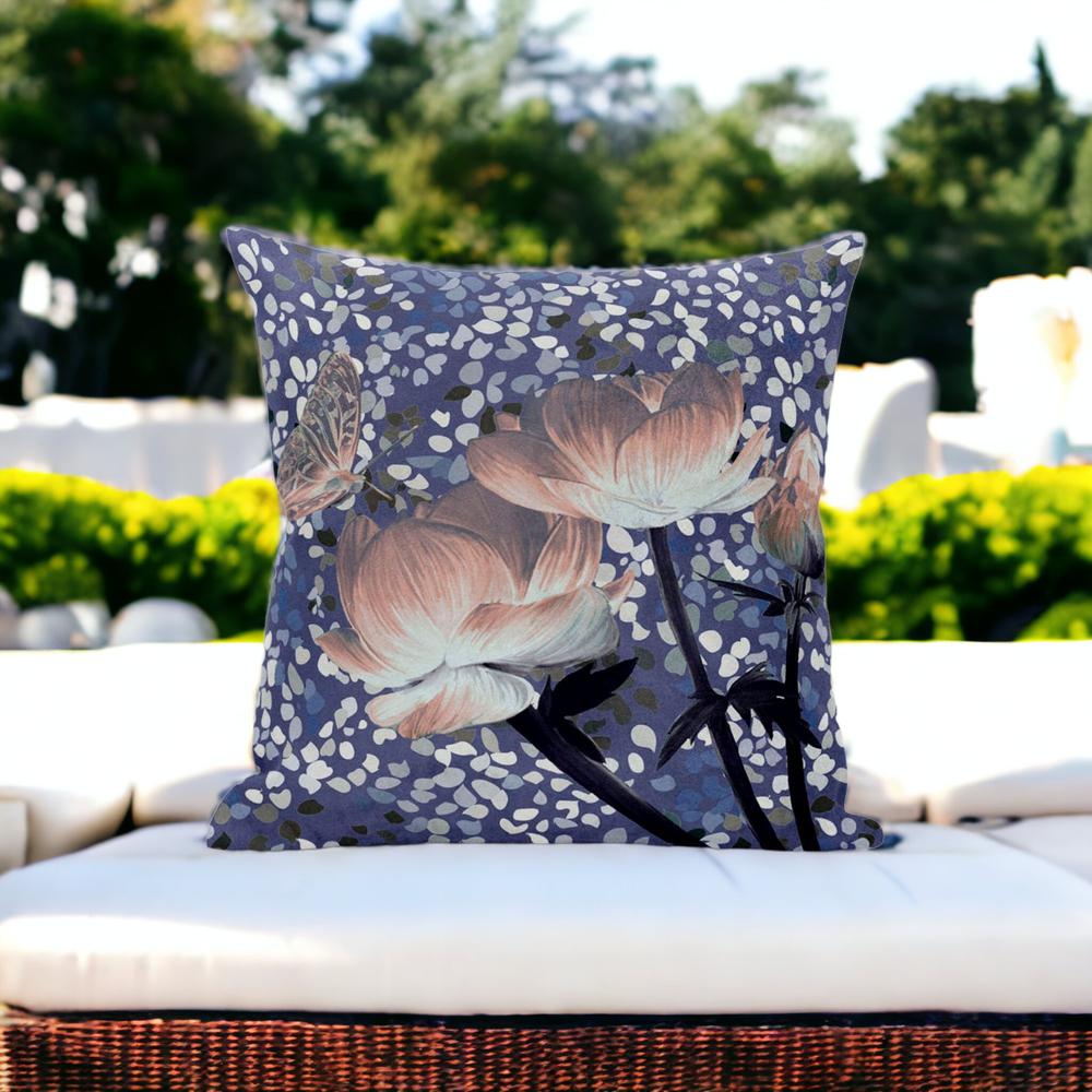 28" X 28" Blue and Gray Butterfly Blown Seam Floral Indoor Outdoor Throw Pillow. Picture 4