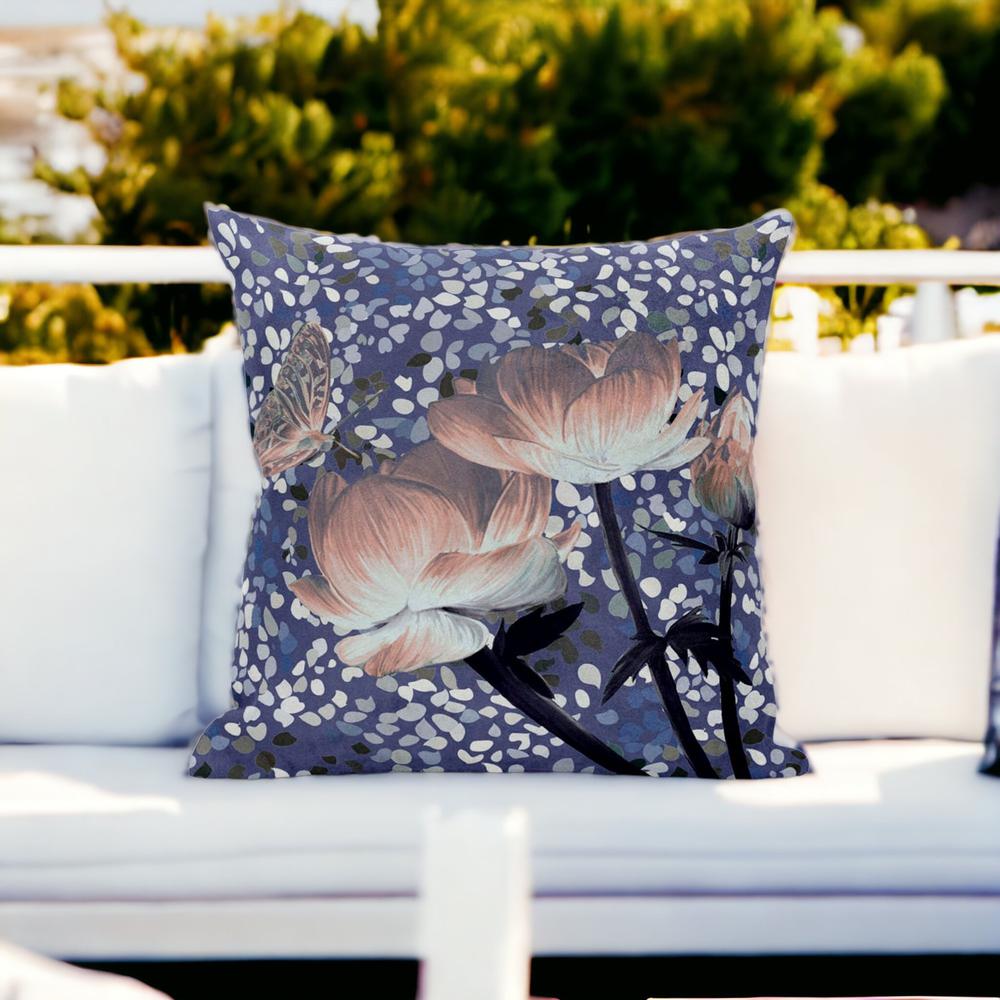 28" X 28" Blue and Gray Butterfly Blown Seam Floral Indoor Outdoor Throw Pillow. Picture 3