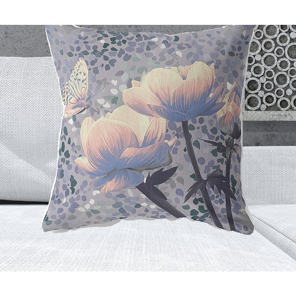 26" x 26" Gray Butterfly Blown Seam Floral Indoor Outdoor Throw Pillow. Picture 2