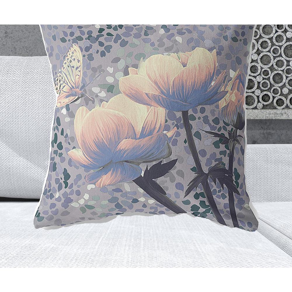 28" x 28" Gray Butterfly Blown Seam Floral Indoor Outdoor Throw Pillow. Picture 2