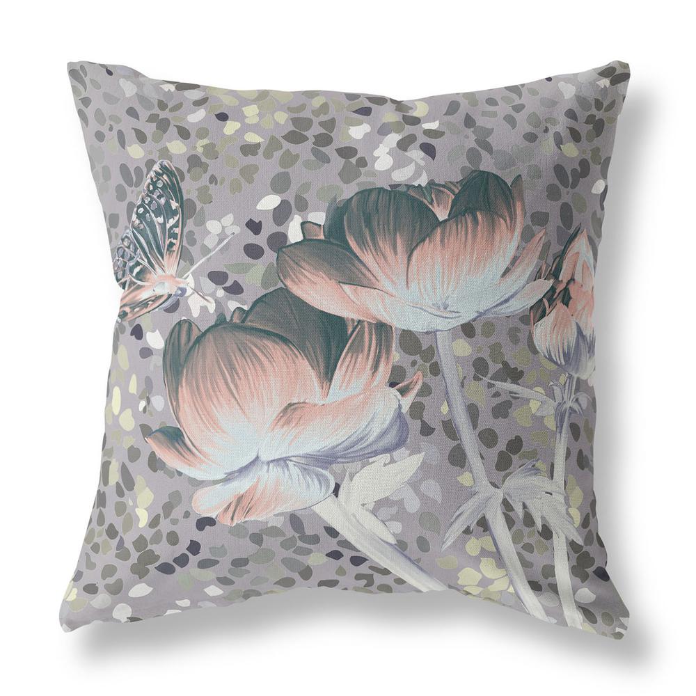 16" x 16" Pink Butterfly Blown Seam Floral Indoor Outdoor Throw Pillow. Picture 1