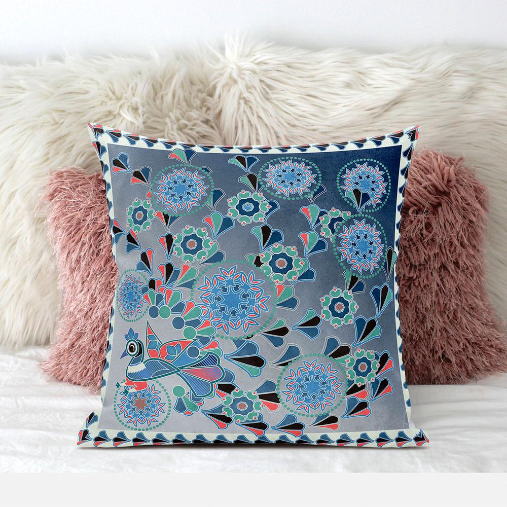 16" x 16" Blue and White Peacock Blown Seam Floral Indoor Outdoor Throw Pillow. Picture 3