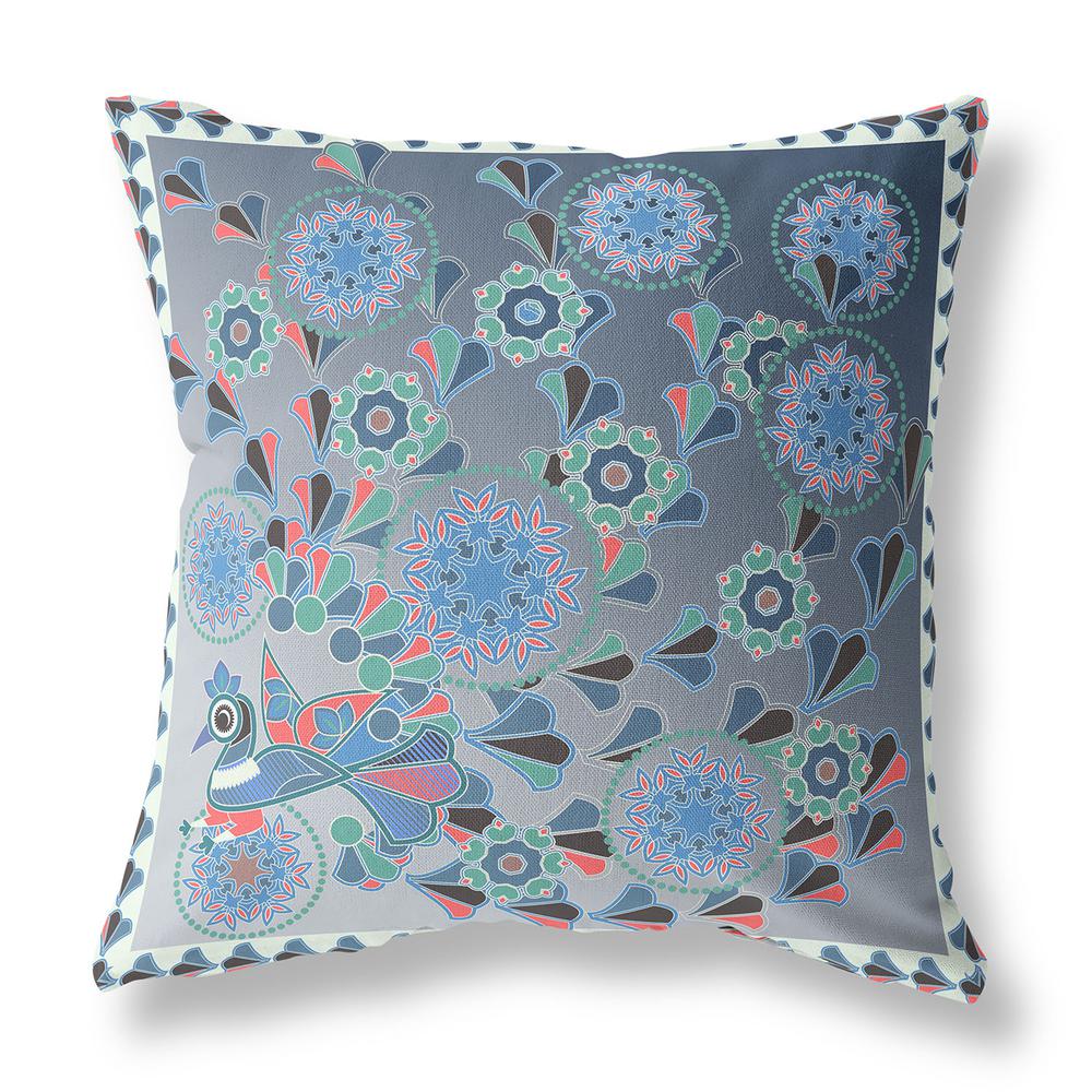 16" x 16" Blue and White Peacock Blown Seam Floral Indoor Outdoor Throw Pillow. Picture 1