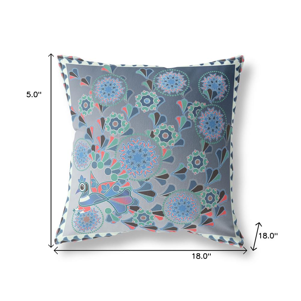 18" x 18" Blue and White Peacock Blown Seam Floral Indoor Outdoor Throw Pillow. Picture 7