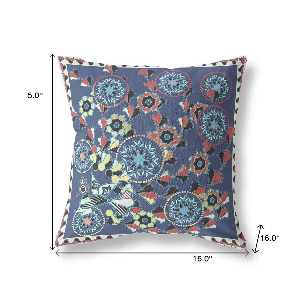 16" x 16" Blue, Off White Peacock Blown Seam Floral Indoor Outdoor Throw Pillow. Picture 7