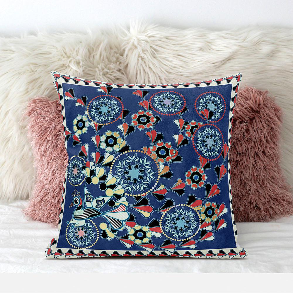 18" x 18" Blue, Off White Peacock Blown Seam Floral Indoor Outdoor Throw Pillow. Picture 3