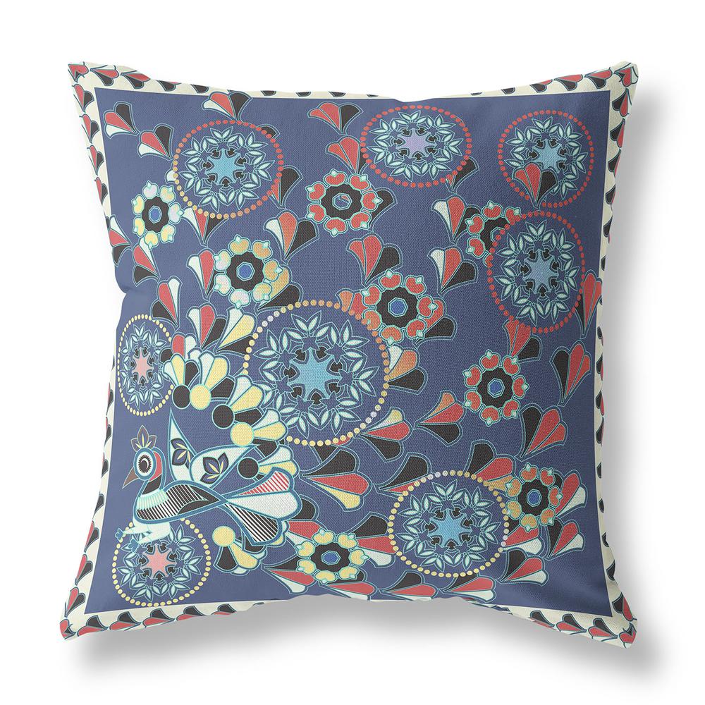 18" x 18" Blue, Off White Peacock Blown Seam Floral Indoor Outdoor Throw Pillow. Picture 1