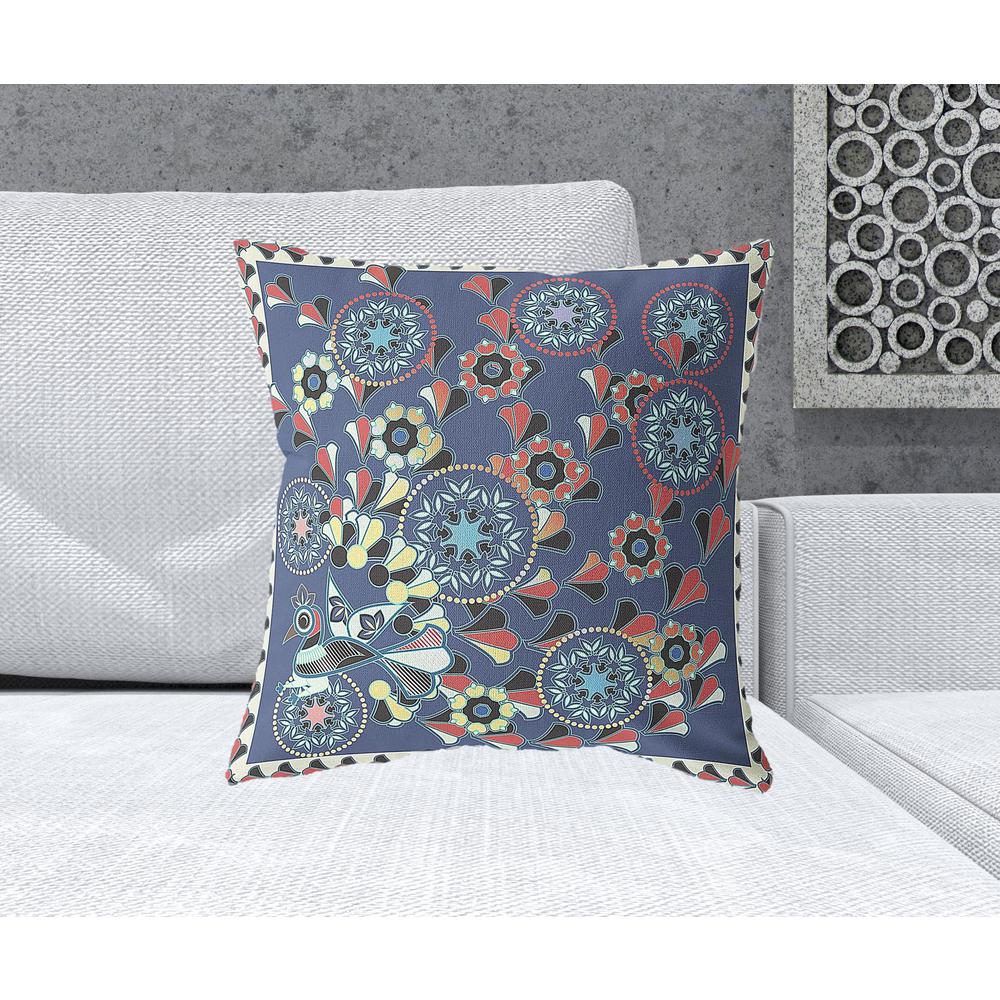 20" x 20" Blue, Off White Peacock Blown Seam Floral Indoor Outdoor Throw Pillow. Picture 2