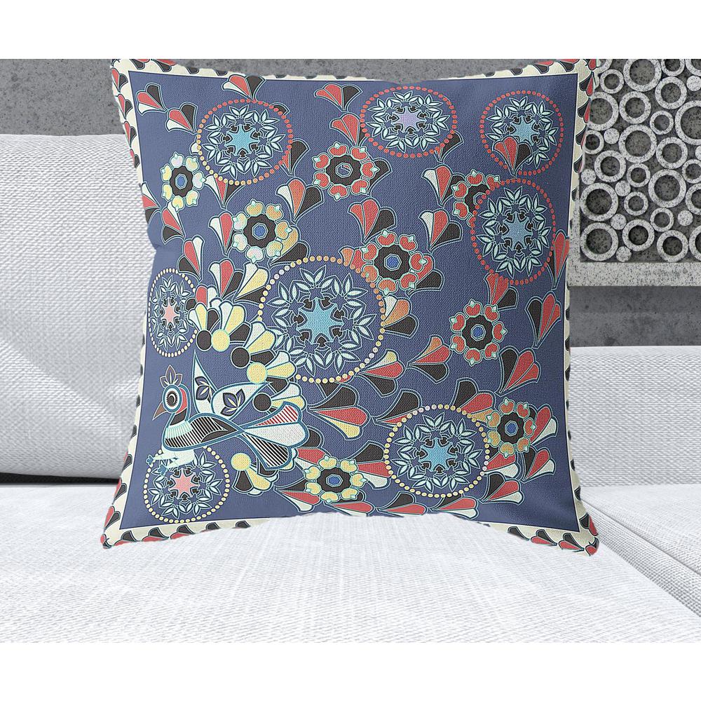 26" x 26" Blue, Off White Peacock Blown Seam Floral Indoor Outdoor Throw Pillow. Picture 2