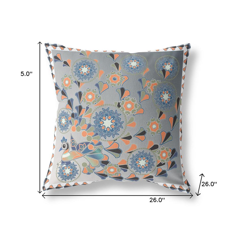 26" x 26" Gray and White Peacock Blown Seam Floral Indoor Outdoor Throw Pillow. Picture 7
