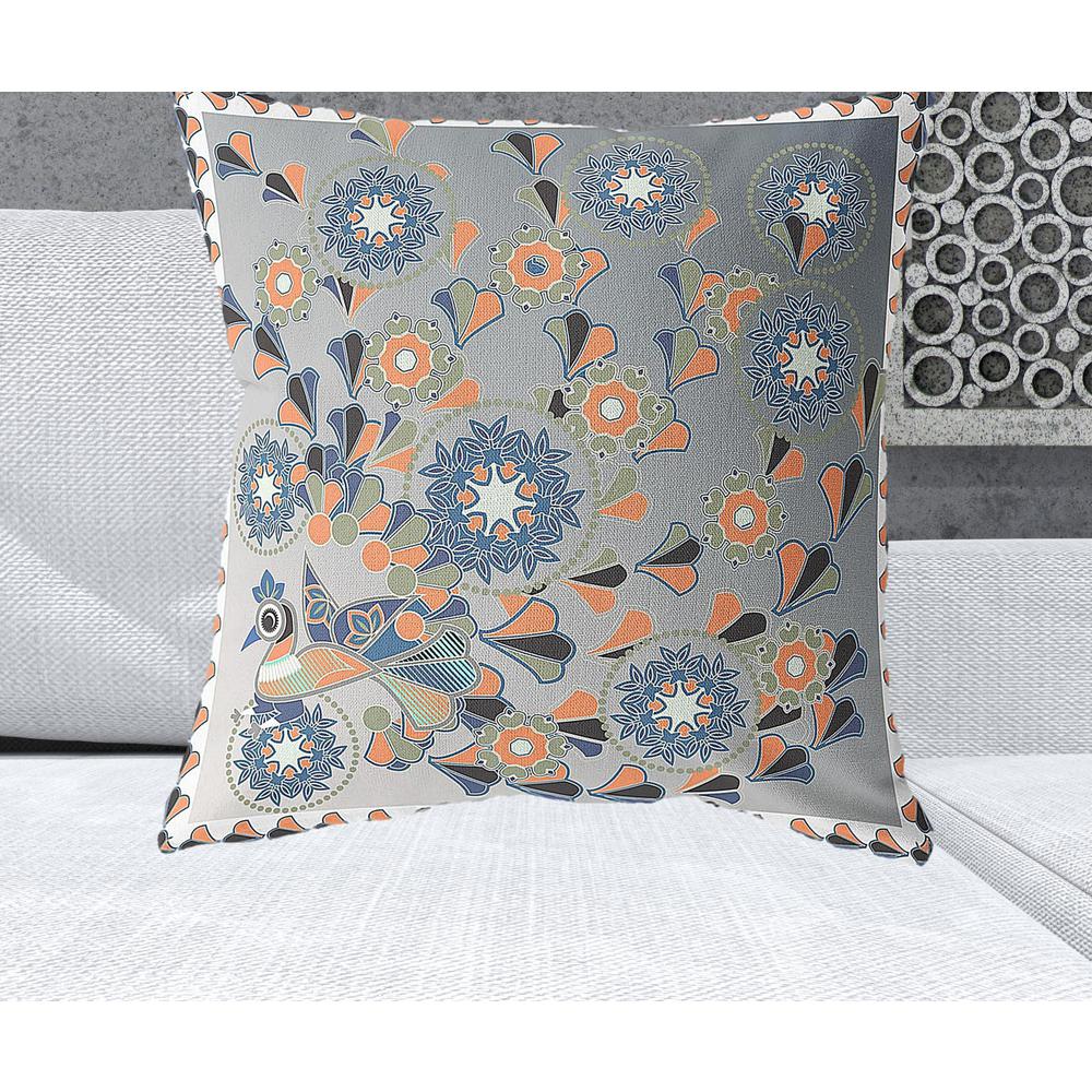26" x 26" Gray and White Peacock Blown Seam Floral Indoor Outdoor Throw Pillow. Picture 2