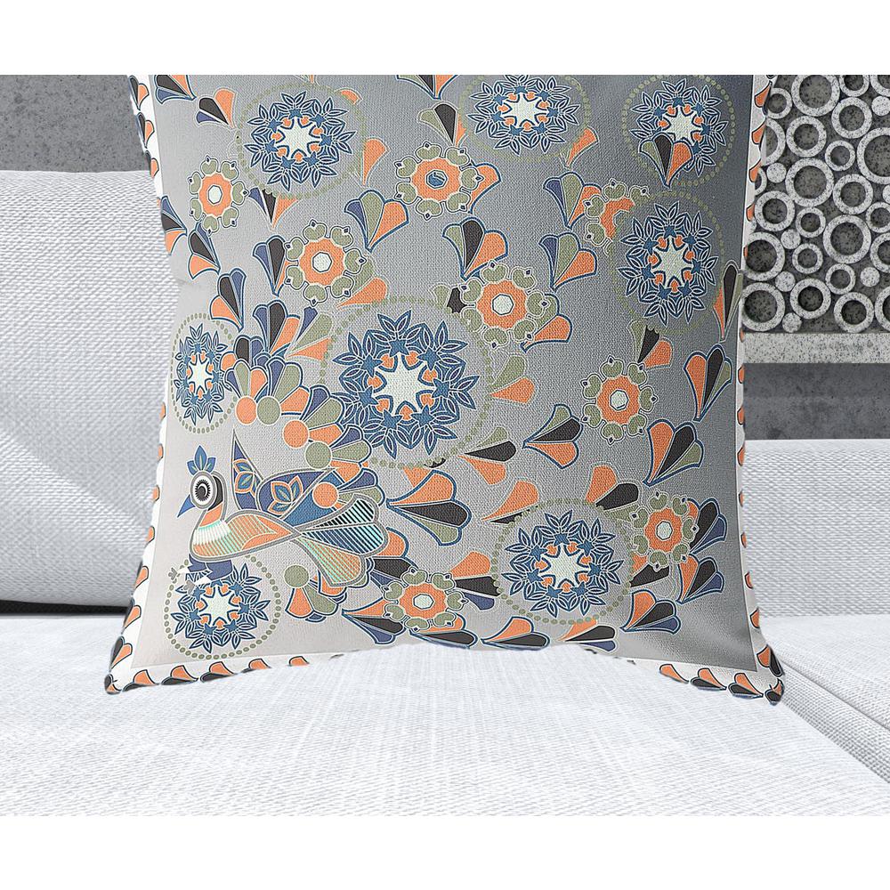 28" x 28" Gray and White Peacock Blown Seam Floral Indoor Outdoor Throw Pillow. Picture 2