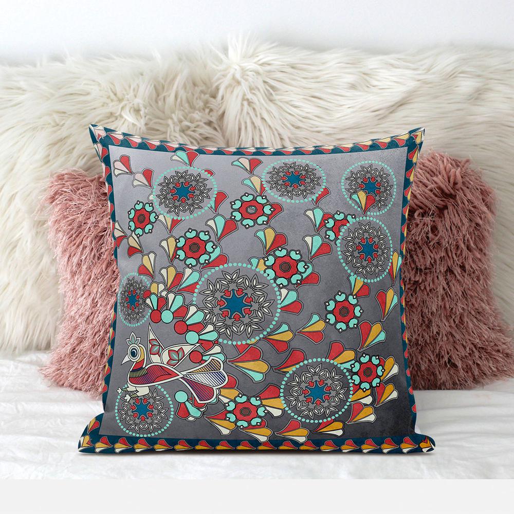 16" x 16" Gray Peacock Blown Seam Floral Indoor Outdoor Throw Pillow. Picture 3