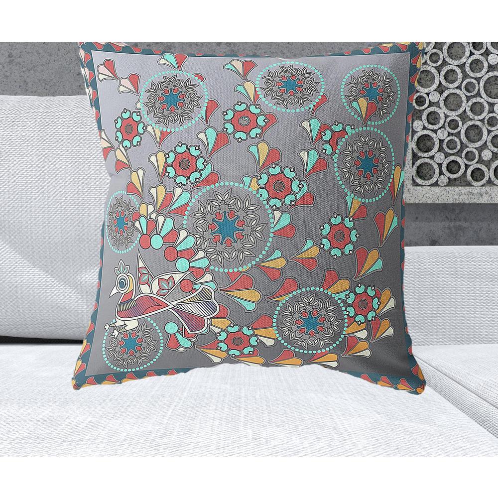 26" x 26" Gray Peacock Blown Seam Floral Indoor Outdoor Throw Pillow. Picture 2