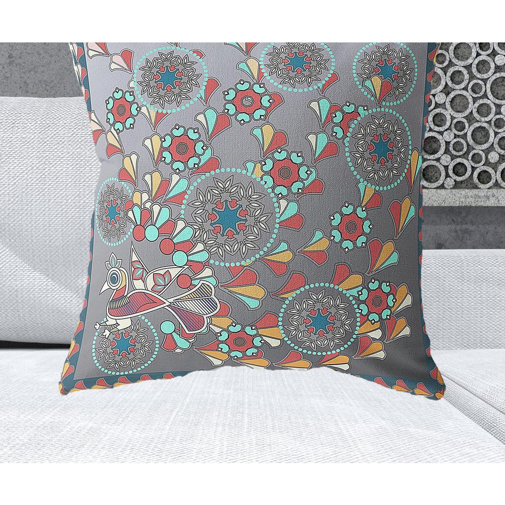 28" x 28" Gray Peacock Blown Seam Floral Indoor Outdoor Throw Pillow. Picture 2