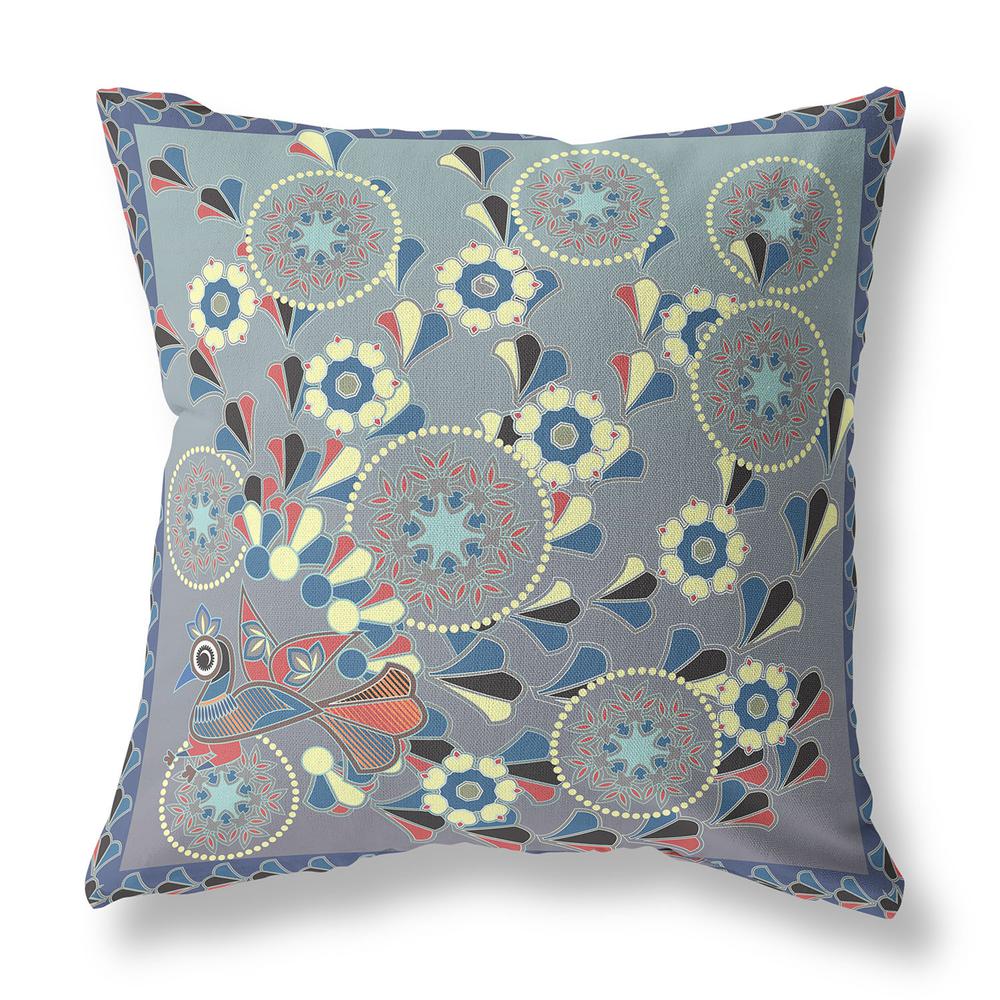 16" x 16" Blue and Gray Peacock Blown Seam Floral Indoor Outdoor Throw Pillow. Picture 1