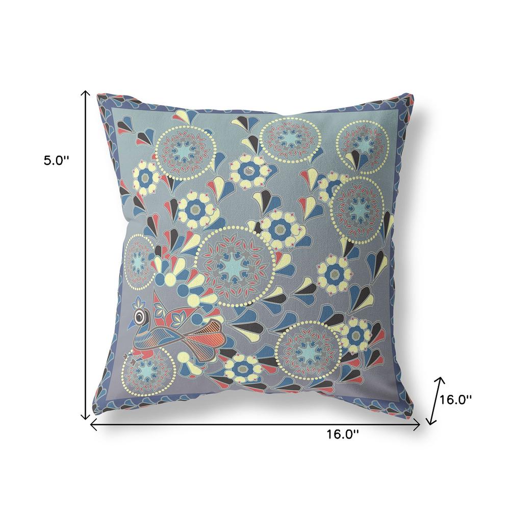 16" x 16" Blue and Gray Peacock Blown Seam Floral Indoor Outdoor Throw Pillow. Picture 7