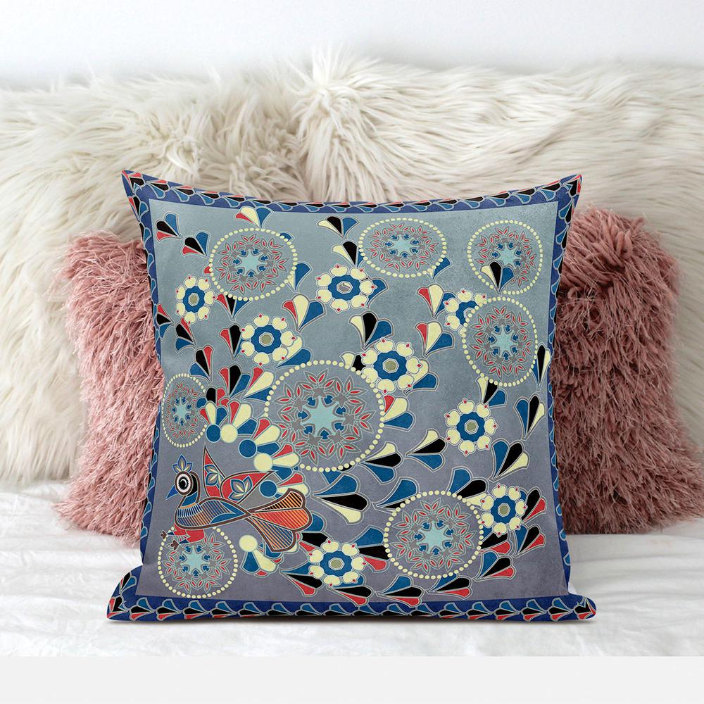 20" x 20" Blue and Gray Peacock Blown Seam Floral Indoor Outdoor Throw Pillow. Picture 3