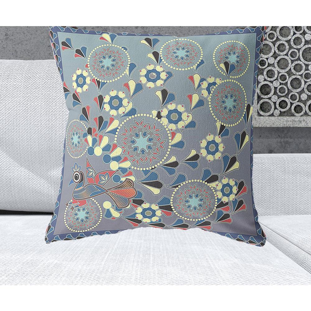 26" x 26" Blue and Gray Peacock Blown Seam Floral Indoor Outdoor Throw Pillow. Picture 2