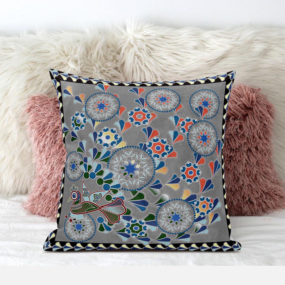 20" x 20" Gray Peacock Blown Seam Floral Indoor Outdoor Throw Pillow. Picture 3
