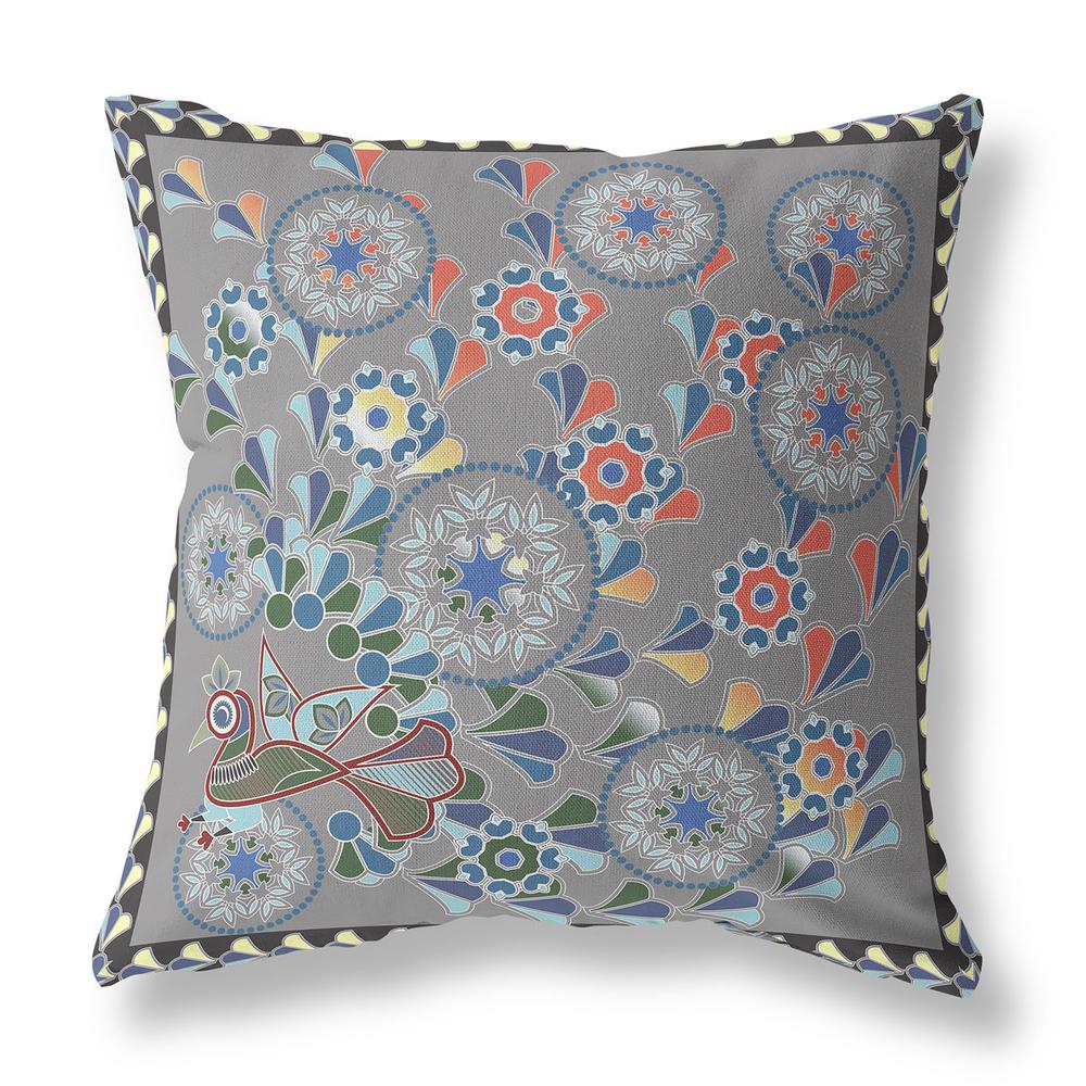 20" x 20" Gray Peacock Blown Seam Floral Indoor Outdoor Throw Pillow. Picture 1